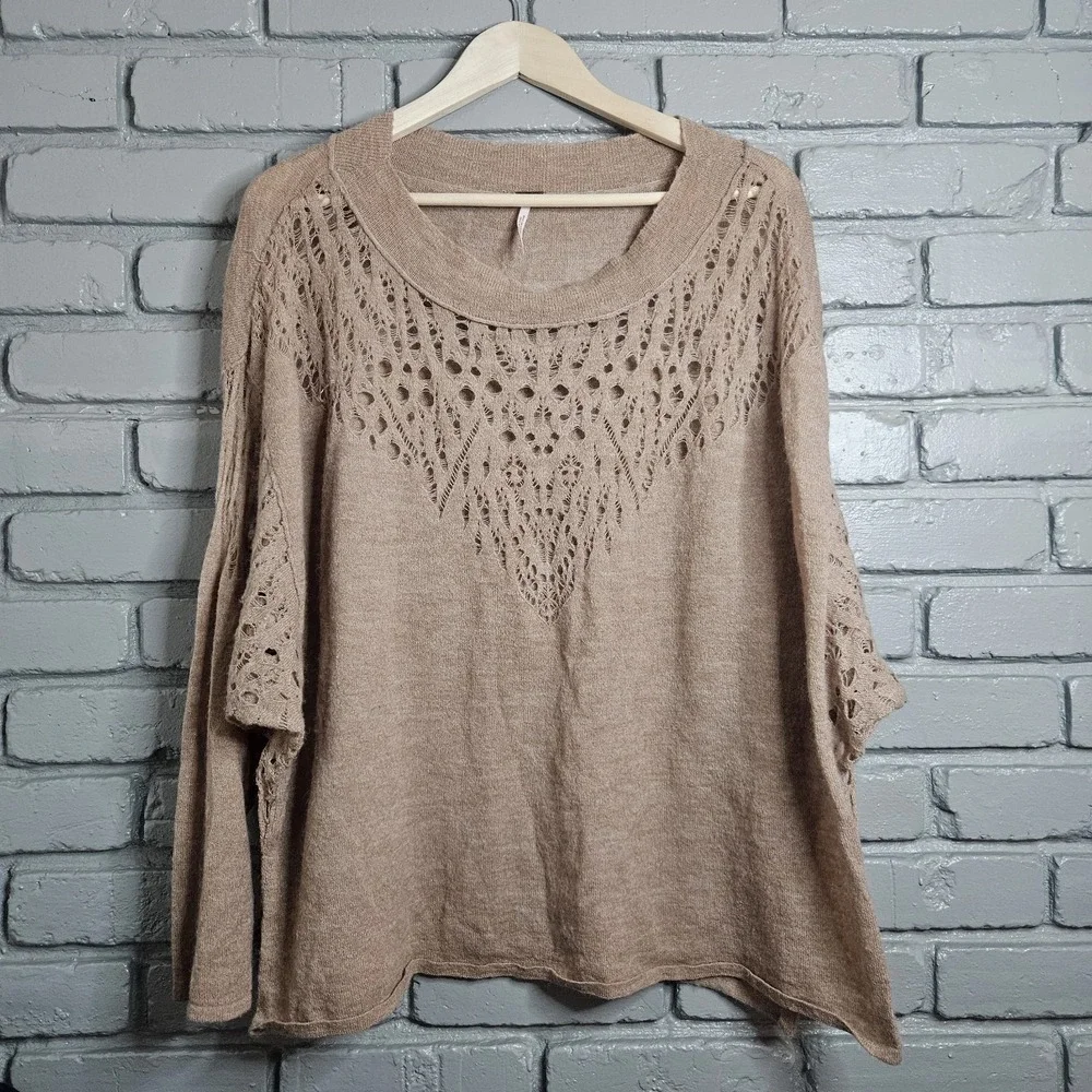 Free People Pointelle Sweater Beige Wool Blend Dolman Sleeve  S Cottagecore Boho